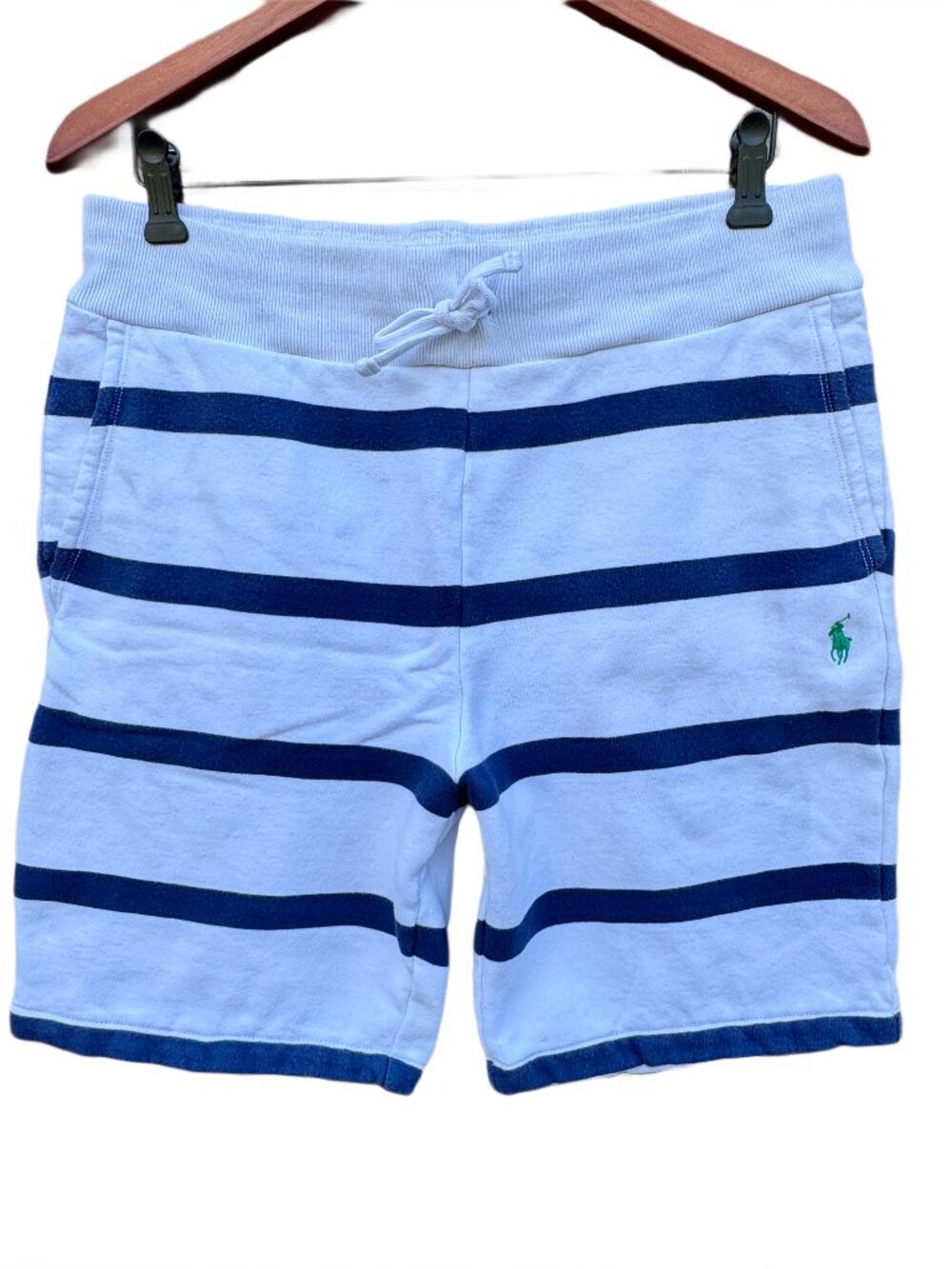 Polo Ralph Lauren Terry Sweat Shorts Mens Med White Blue Stripe Nautical Coastal